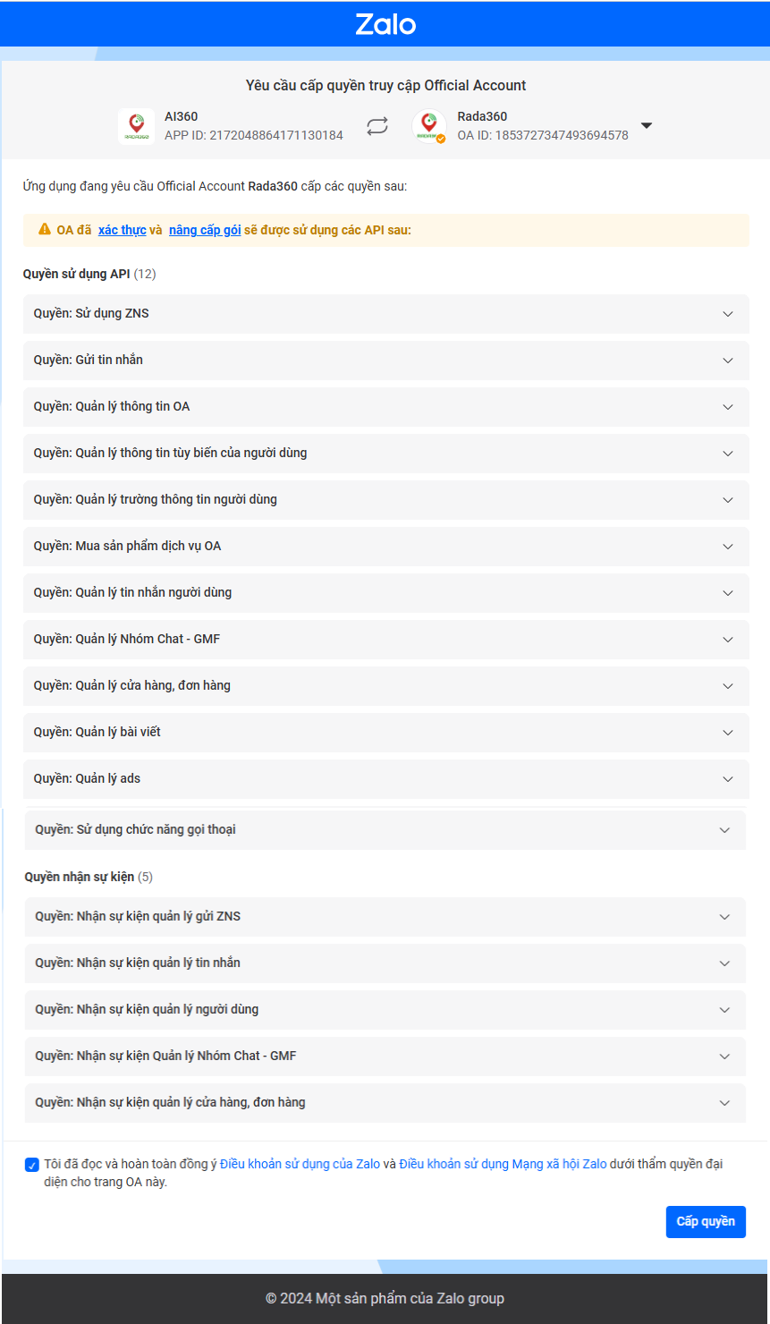 Grant Zalo OA Permissions