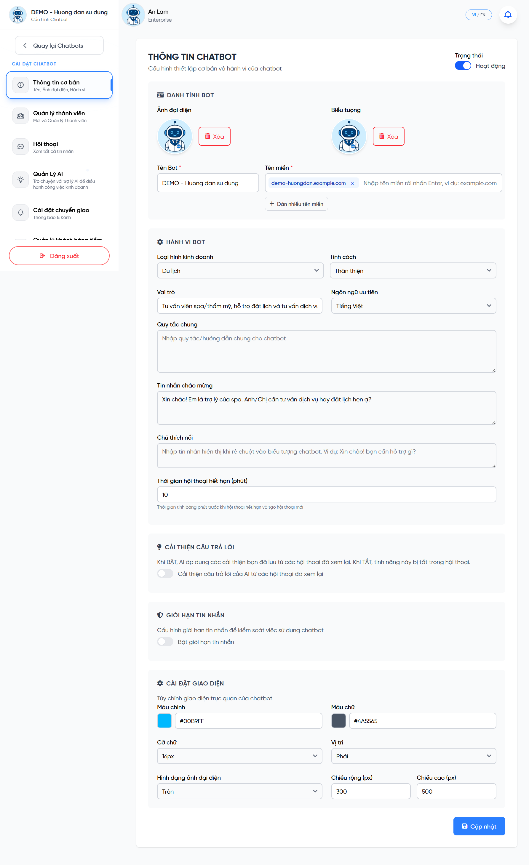 Cấu hình cơ bản chatbot