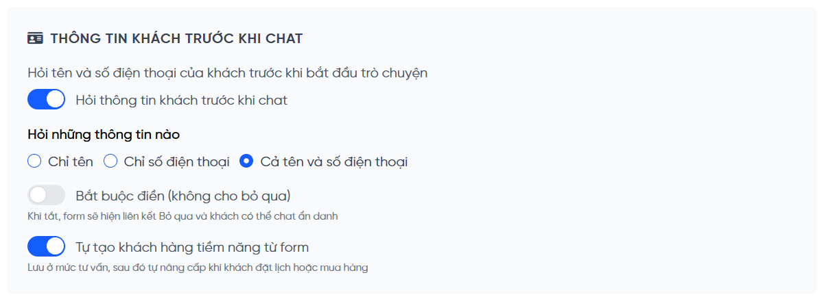 Khối cài đặt Thông tin khách trước khi chat